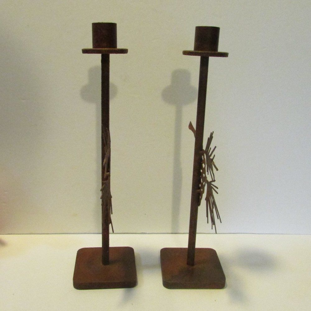 set of 2 metal pinecone candle holders cabin winter nature decor - Picture 8 of 10